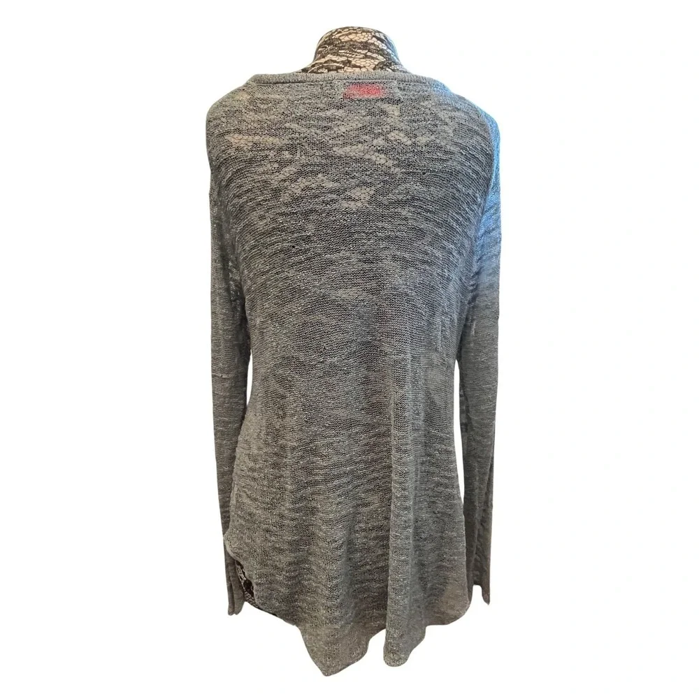 Women's Gray Crochet Knit Sweater Size L XL Grunge Boho Distressed Artsy Natural